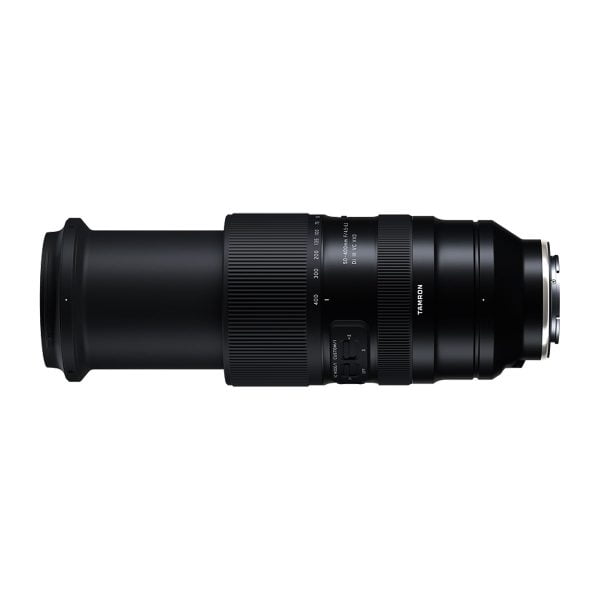 The Tamron 50-400mm f/4.5-6.3 Di III VC VXD lens for the Sony E can be seen in the side view against a white background, with control switches, focal length markings, a wide zoom ring and a narrower focus ring.