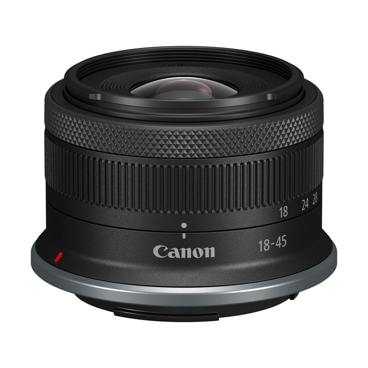 Canon RF-S 18-45mm f/4.5-6.3 IS STM -objektiivissa on kompakti musta muotoilu, kuvioidut tarkennus- ja zoomausrenkaat, 18-45 mm:n polttoväli ja näkyvä Canon-brändi sivulla.