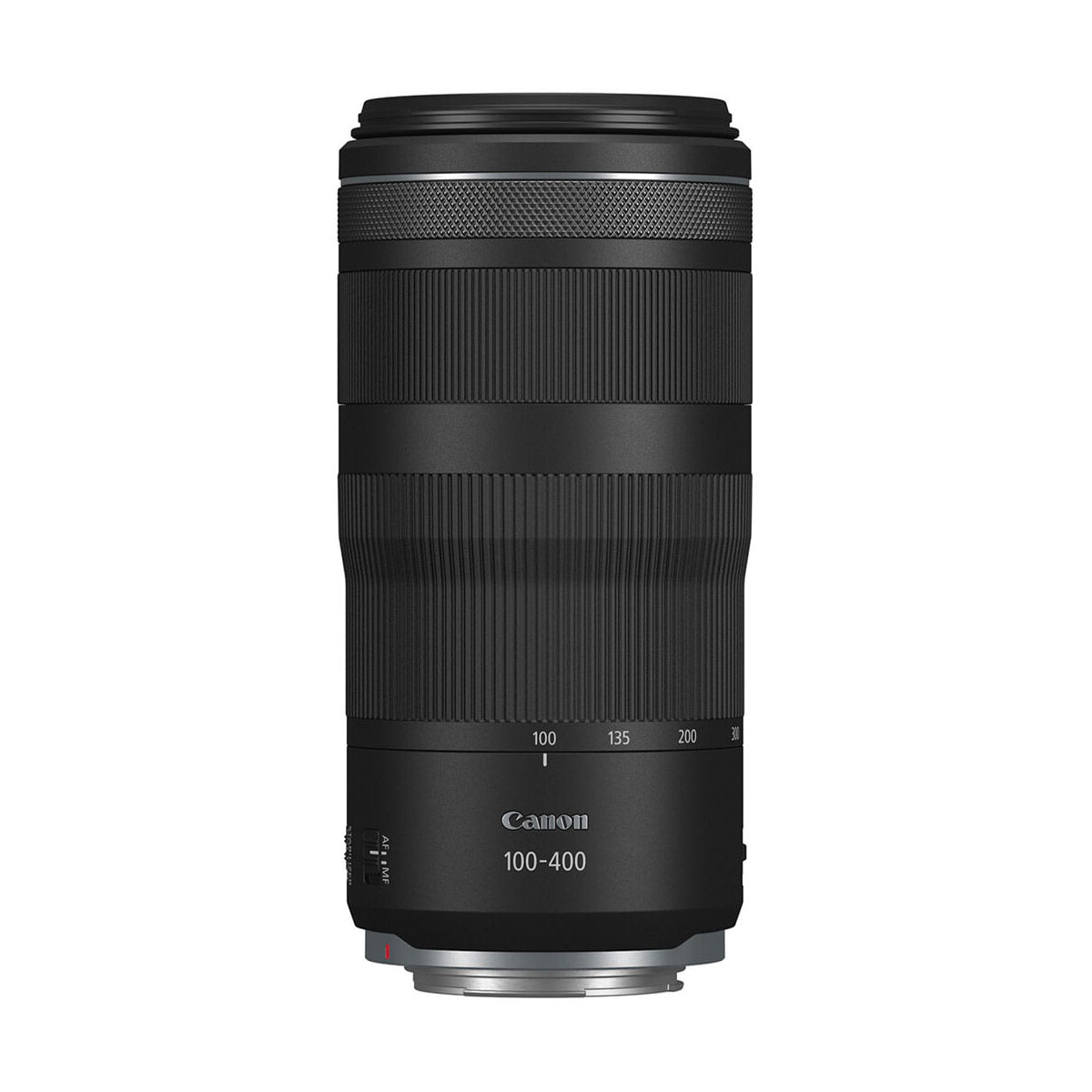 Canon RF 100-400mm F5.6-8 IS USM -telezoom-objektiivi on mustana pystyssä valkoista taustaa vasten.