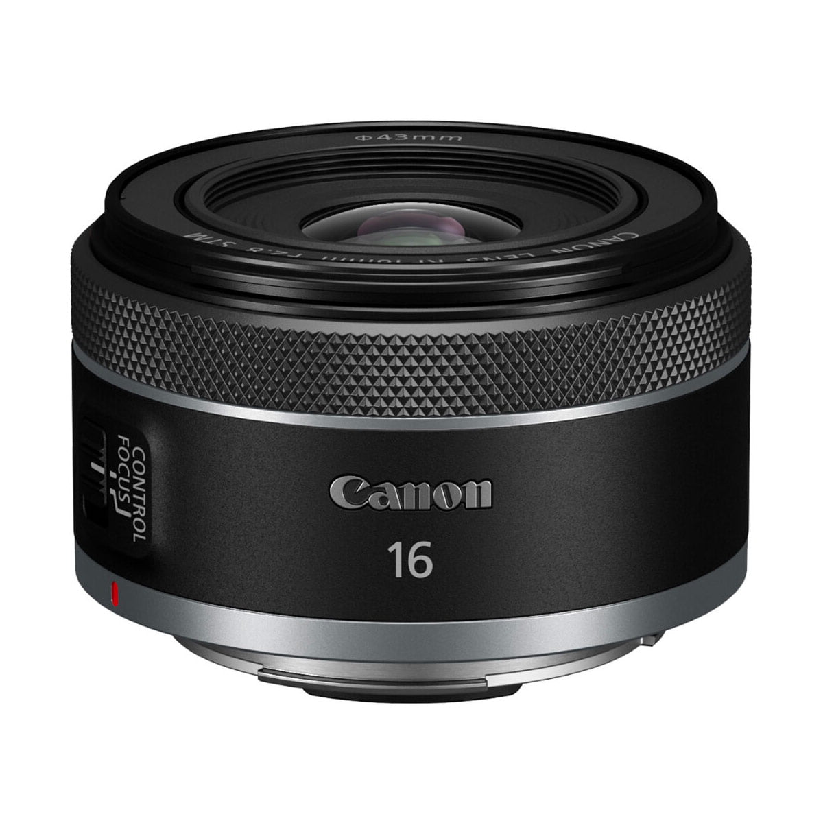 Mustan ja hopean värinen Canon RF 16mm f/2.8 STM -objektiivi, jossa on tarkennuksen/ohjauksen kytkin ja kuvioitu tarkennusrengas, näkyy valkoisella pohjalla.