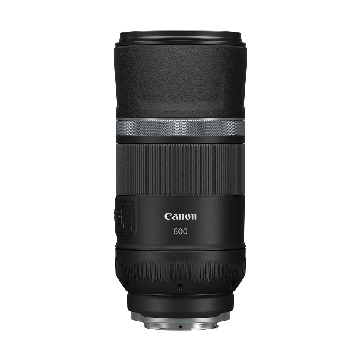 Canon RF 600mm f/11 IS STM -objektiivi näkyy pystyssä valkoista taustaa vasten. Mustassa objektiivissa on sekä kuvioidut että sileät osat, ja sen sivulla on näkyvissä säätökytkimiä.