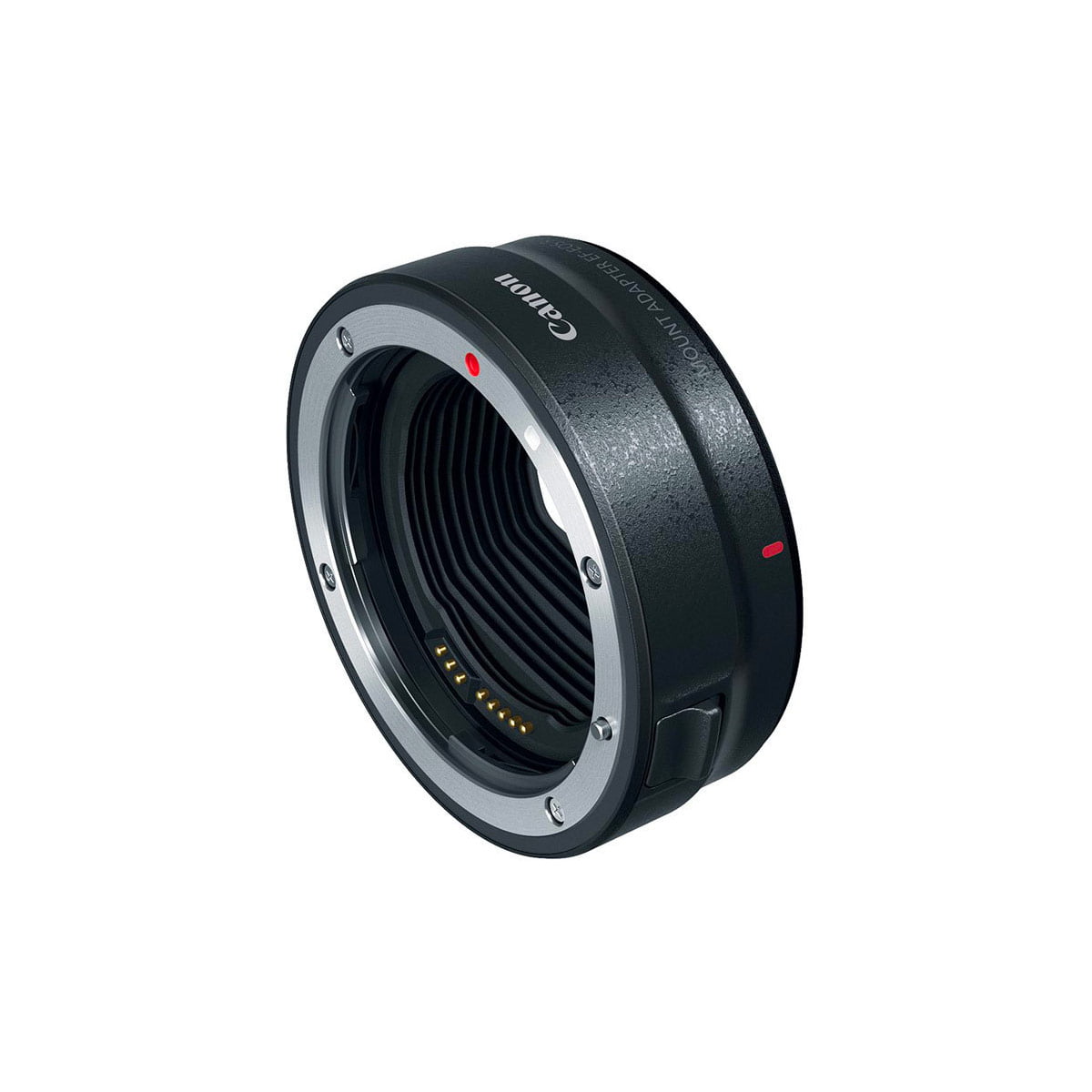 Canon EF - EOS R -adapteri, jossa on musta muotoilu metallisilla korostuksilla ja elektronisilla koskettimilla, näkyy valkoisella pohjalla. Canon-logo ja kohdistuspisteet näkyvät sovittimen pinnalla.