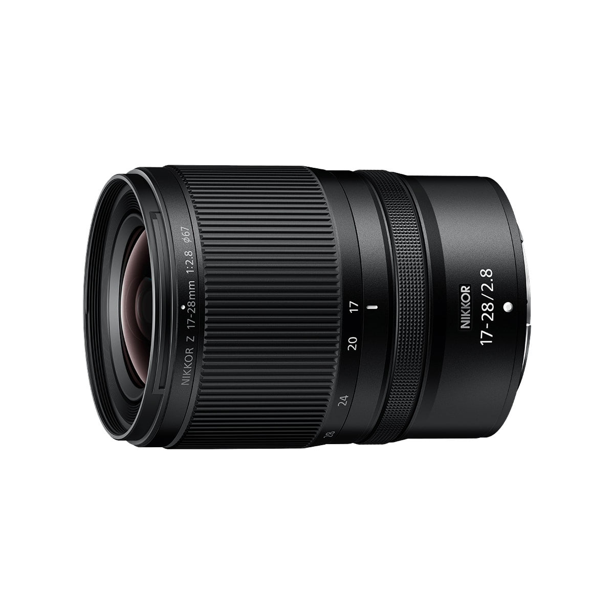 The Nikon Nikkor Z 17-28mm f/2.8 lens appears against a white background, highlighting the zoom and focus rings and the white model and aperture markings.
