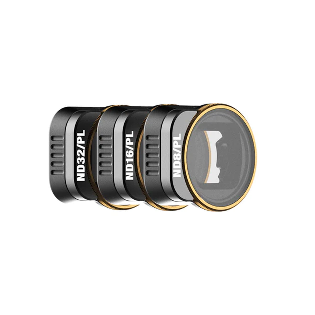 Kolme PolarPro Mini 3 Pro VIVID -suodatinta - ND32/PL, ND16/PL ja ND8/PL - on kohdistettu vierekkäin. Jokaisessa mustassa suodattimessa on kultainen reunus ja valkoinen teksti, jossa ilmoitetaan suodattimen tyyppi.