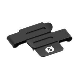The Rode FlexClip GO is a black metal money clip with a white crossed circle symbol on one side. It has a sleek, minimalist design and appears on a white background.