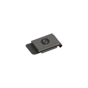 The Rode FlexClip GO is a slim, rectangular black money clip with a minimalist design and a circle and line symbol at the top that appears on a white background.