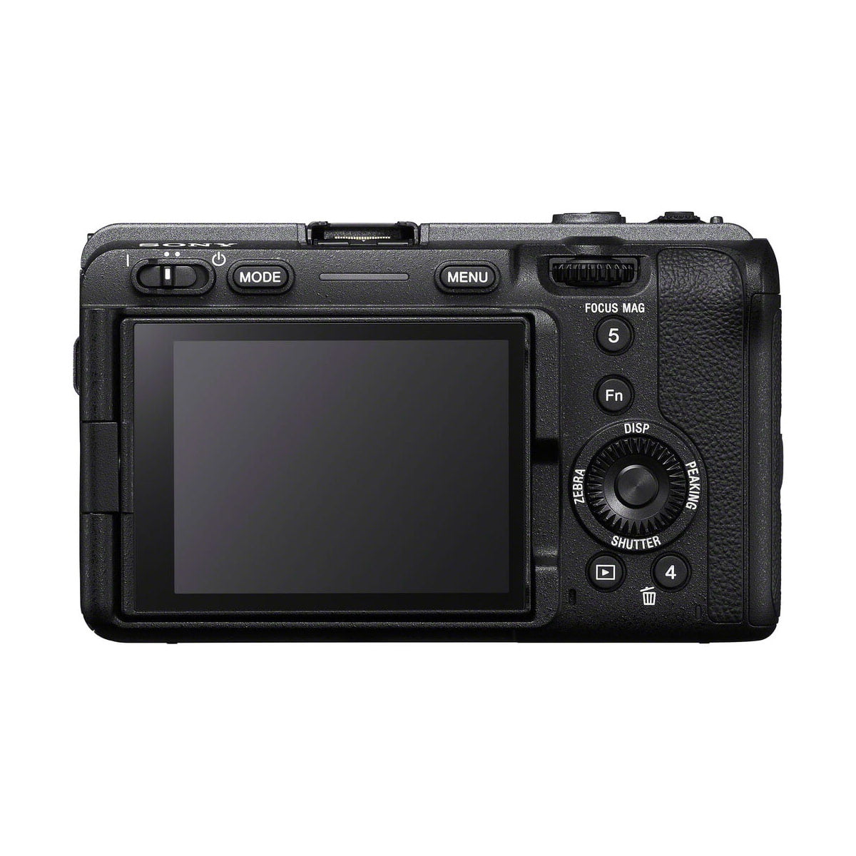 sony_fx30_kahvalla_05 Lähikuvassa Sony FX30 -videokameran takaosasta näkyy LCD-näyttö, useita painikkeita ja säätimiä valkoista taustaa vasten.