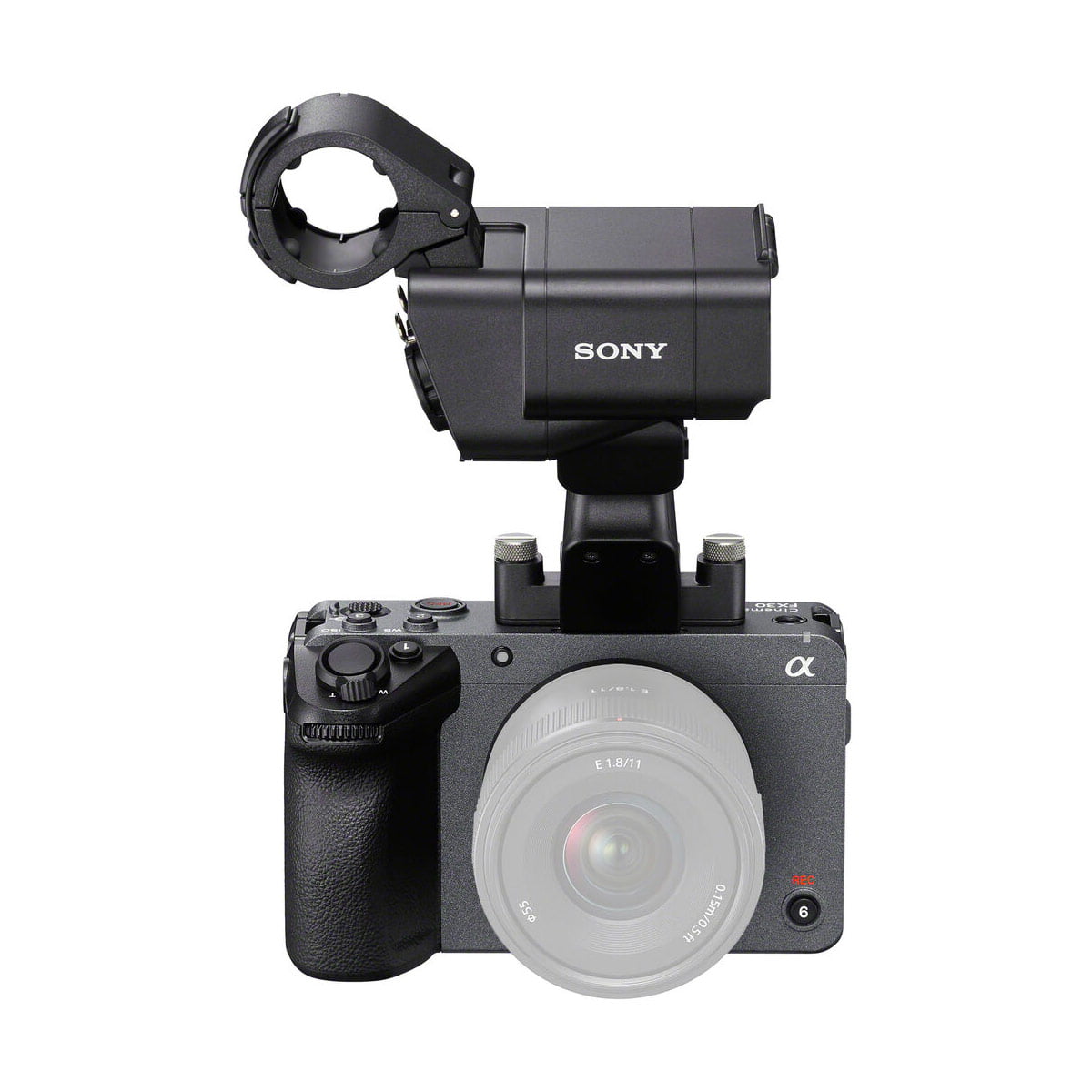 Sony FX30 video camera with detachable lens and large external microphone mounted on top, on a white background.