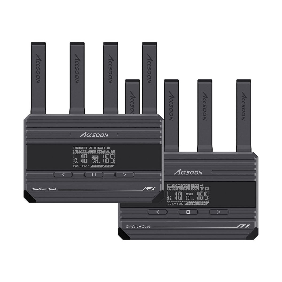 Kaksi Accsoon CineView Quad Transmission HDMI/SDI -yksikköä, joissa kummassakin on neljä antennia ja digitaaliset näytöt, näkyvät vierekkäin valkoista taustaa vasten.