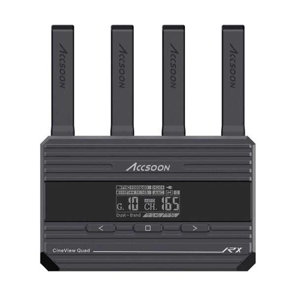 Musta Accsoon CineView Quad Transmission HDMI/SDI -langaton vastaanotin, jossa on neljä pystysuoraa antennia, digitaalinen näyttö ja ohjauspainikkeet edessä.