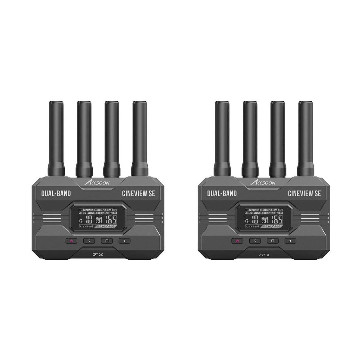 Kaksi mustaa Accsoon CineView SE WiFi Transmission SDI/HDMI langatonta videolähetintä, joissa kummassakin on neljä antennia ja digitaalinäyttö, on sijoitettu vierekkäin valkoiselle taustalle.