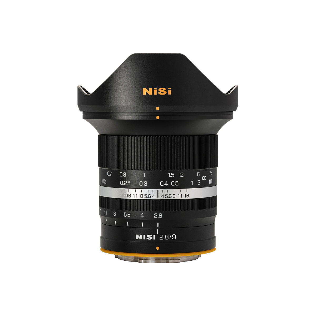 The NiSi 9mm F2.8 - Fuji X lens has a petal-shaped hood, a black body with white distance and aperture markings and orange highlights, and appears on a white background.