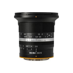 NiSi 9mm F2.8 - Fuji X lens, black with white focus and aperture markings, visible against a white background.