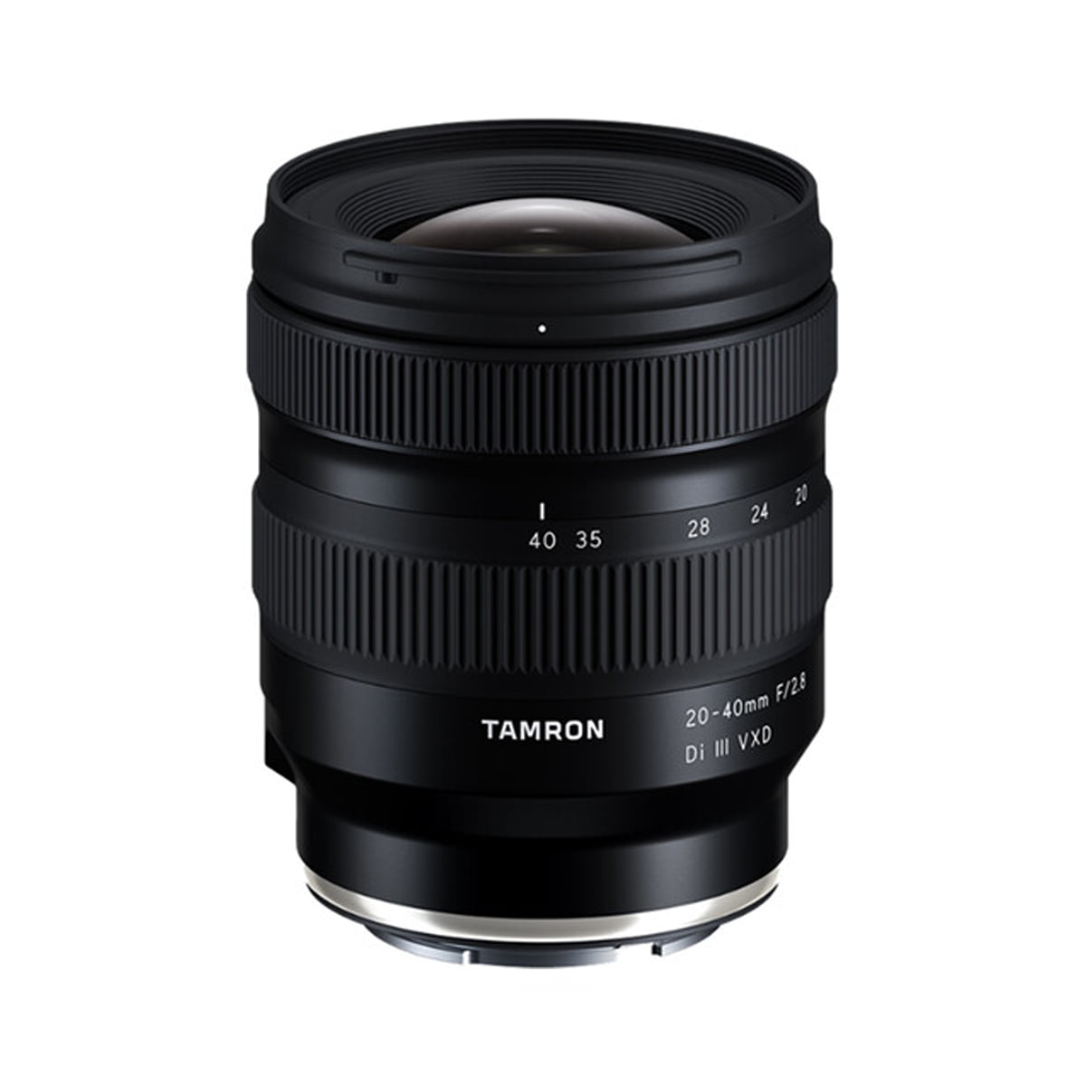 The Tamron 20-40mm f/2.8 Di III VXD lens for the Sony E with zoom and focus rings is shown upright on a white background.