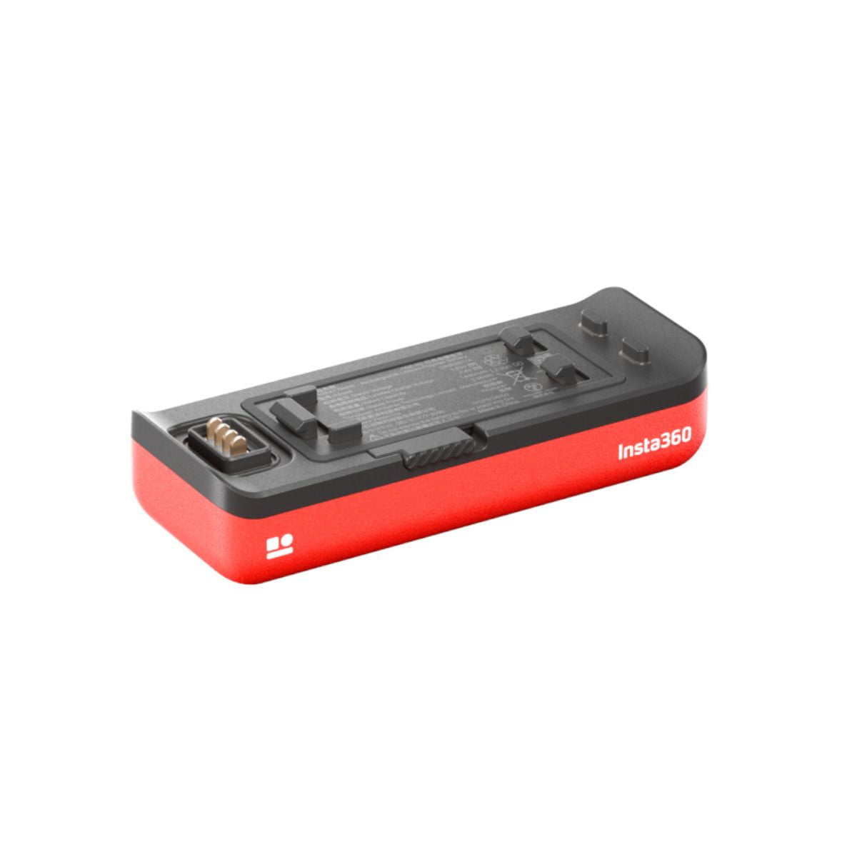 The One RS Insta360 Standard battery features a red and black rectangular design with battery connectors and side marking and is designed specifically for use with Insta360 cameras.