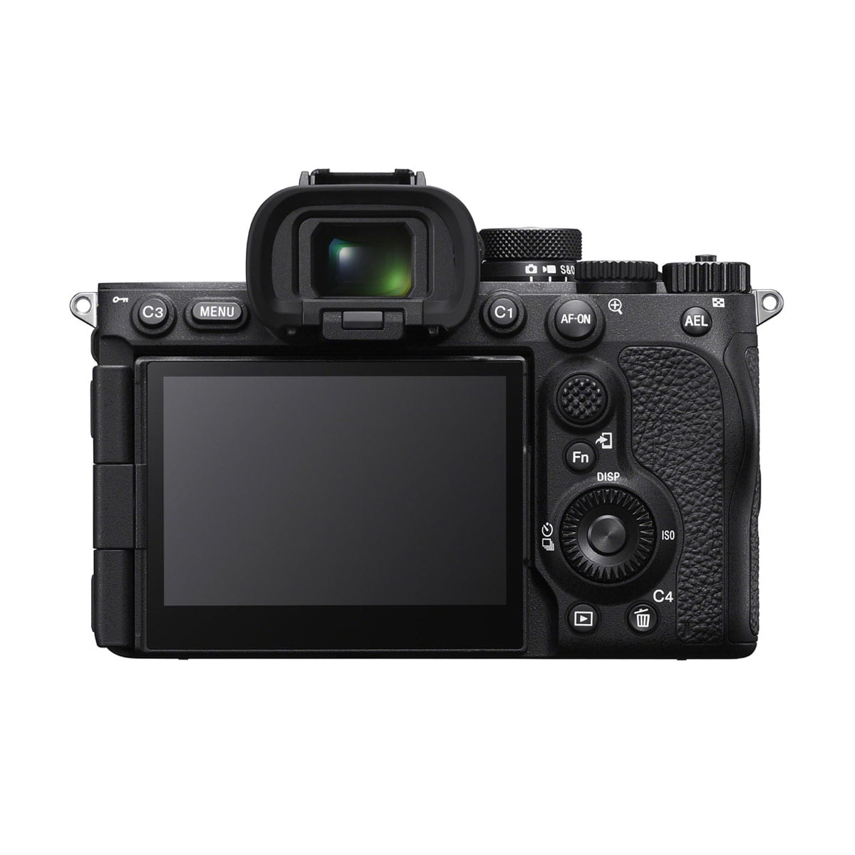 sony_a7r_v_02 Sony A7R V -järjestelmäkameran takanäkymä, jossa on ulos käännettävä LCD-näyttö, useita ohjauspainikkeita ja -valitsimia sekä keskelle sijoitettu elektroninen etsin. Nyt 300€ alennuksella.