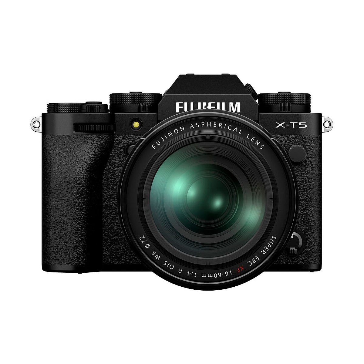 The Fujifilm X-T5 + XF 16-80mm f/4 R OIS WR digital camera in black is photographed in front with a white background.