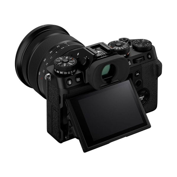 The Fujifilm X-T5 + XF 16-80mm f/4 R OIS WR (black) is a digital mirrorless camera with a large lens and a tilting LCD screen, shot from a rear angle with visible controls and buttons.