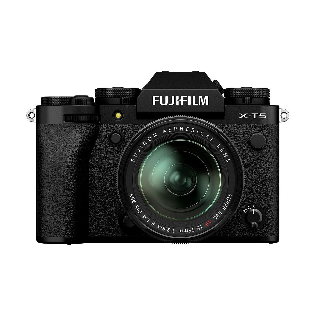 Fuji_X-T5-18-55mm_Musta_001 Fujifilm X-T5 + XF 18-55mm f/2.8-4 R LM OIS - The black mirrorless camera is shown from the front, with its large aspherical lens, black textured body and visible buttons and controls highlighted.