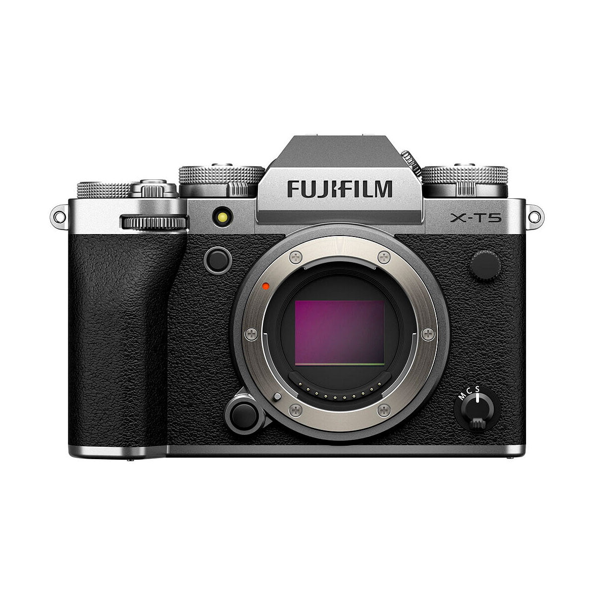Fujifilm X-T5 system camera, silver, mirrorless camera body in silver and black, without lens attached, front view showing sensor and controls.