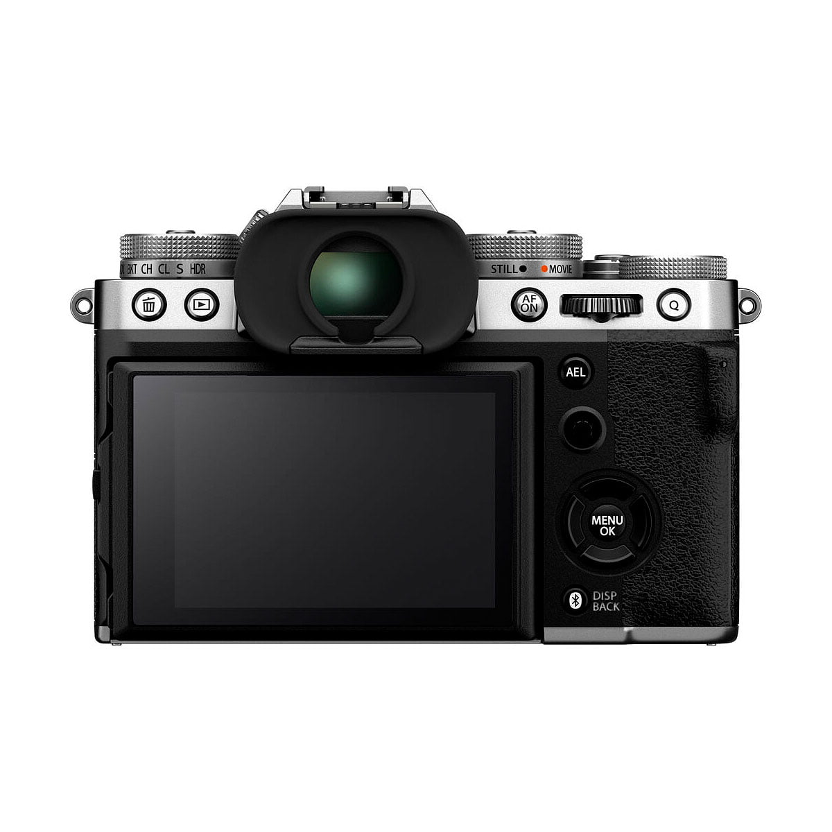 Fujifilm X-T5 -järjestelmäkameran, hopea, takanäkymä, jossa näkyvät LCD-näyttö, etsin ja ohjauspainikkeet mustan ja hopeanvärisessä kamerarungossa.