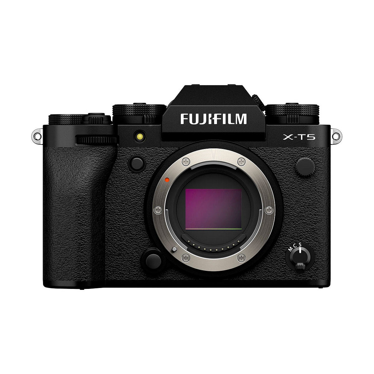 Front view of the Fujifilm X-T5 system camera, black, without lens, showing its sensor and several control dials on top.