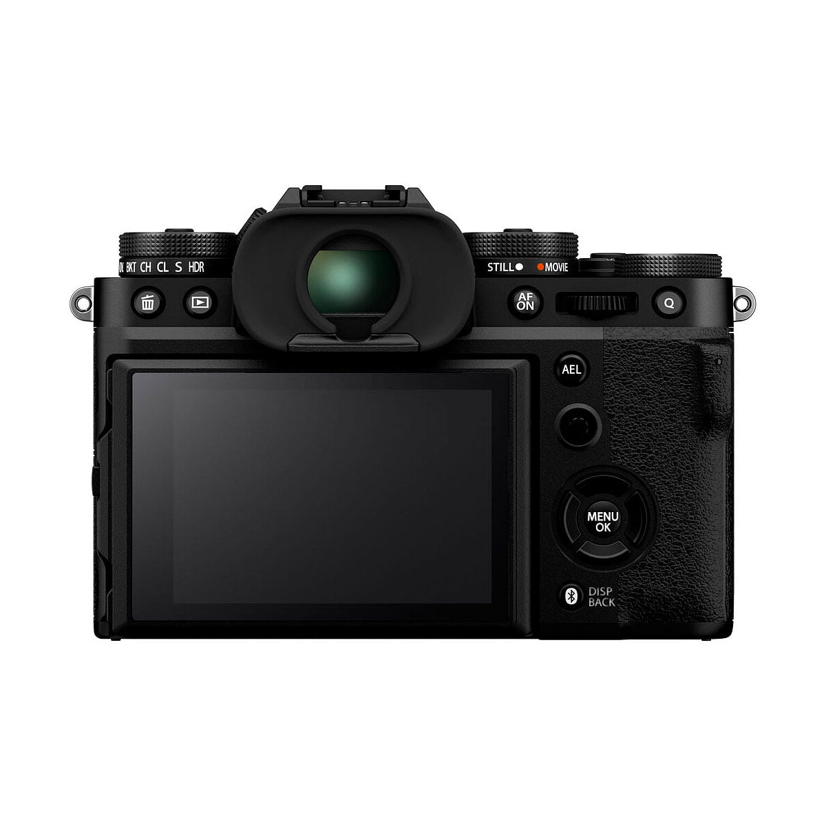 The rear view of the Fujifilm X-T5 system camera, in black, showing its LCD screen, electronic viewfinder and multiple control buttons and dials - ideal for advanced photography.