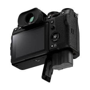 Rear view of the Fujifilm X-T5 system camera, black, showing its flip-out LCD screen, various buttons and dials and electronic viewfinder; this camera is a mirrorless model.