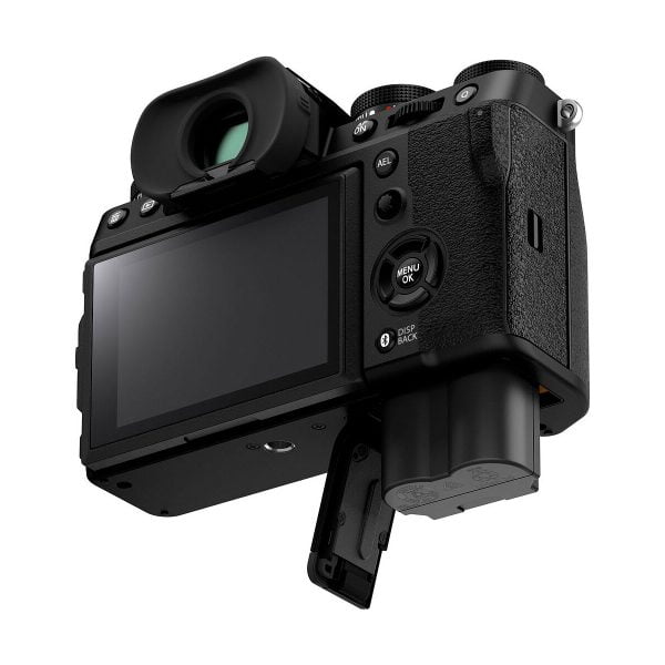 Rear view of the Fujifilm X-T5 system camera, black, showing its flip-out LCD screen, various buttons and dials and electronic viewfinder; this camera is a mirrorless model.