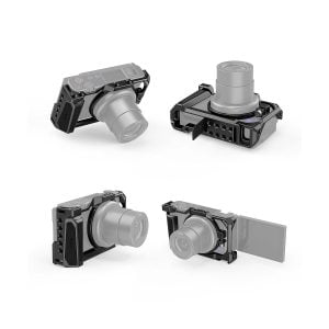 Four views of the SmallRig 2938 Camera Cage for Sony ZV-1F / ZV-1, shown in black with the camera lens extended and the LCD screen both closed and flipped out.