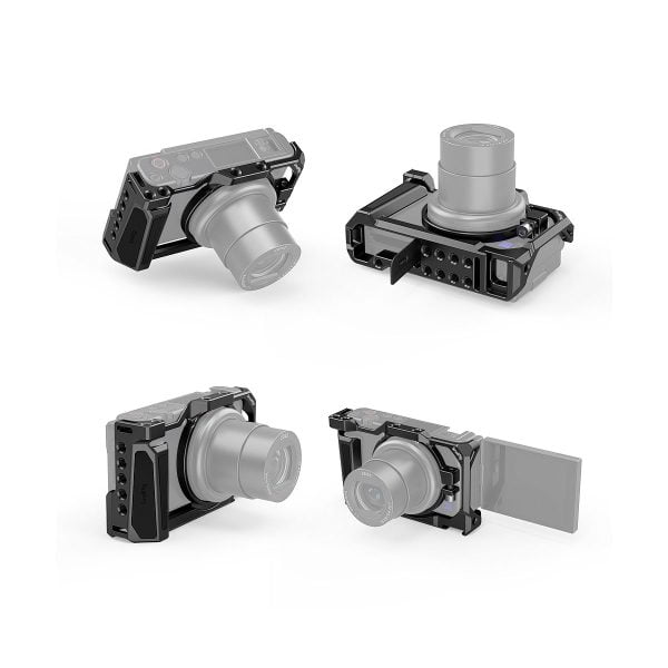 Four views of the SmallRig 2938 Camera Cage for Sony ZV-1F / ZV-1, shown in black with the camera lens extended and the LCD screen both closed and flipped out.