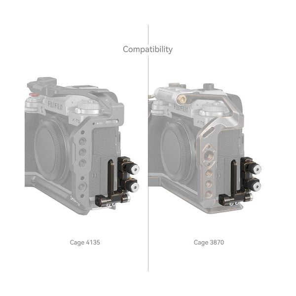 Two Fujifilm X-T5 cages, the Cage 4135 and Cage 3870, are compared side by side, each with the SmallRig 4147 HDMI & USB-C Cable Clamp for FUJIFILM X-T5 mounted on the side to show compatibility.