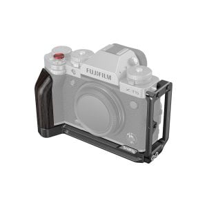 Canon EOS R5 camera mounted on a black metal and wood SmallRig 2976 L mount, with white background. The bracket has a textured wooden handle and attaches around the base and sides of the camera.