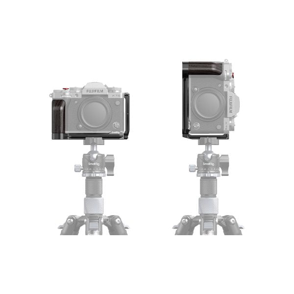 Two views of a Fujifilm camera on a tripod with SmallRig 2976 L-Bracket for Canon EOS R5, R6 & R5C attached, front and side with white background.