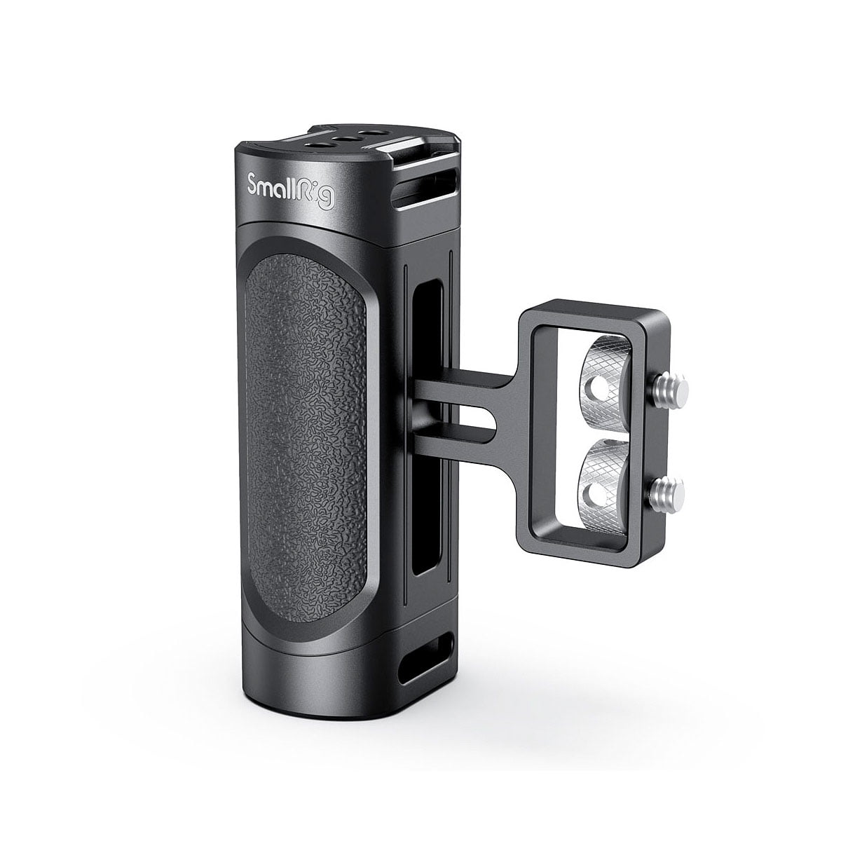 SmallRig 2916 Mini Side Handle (1/4"-20 ruuvit) on musta, sylinterinmuotoinen kamerakahva, jossa on kuvioitu kuminen insertti ja metallinen kiinnityskannatin, kuvassa valkoisella pohjalla.