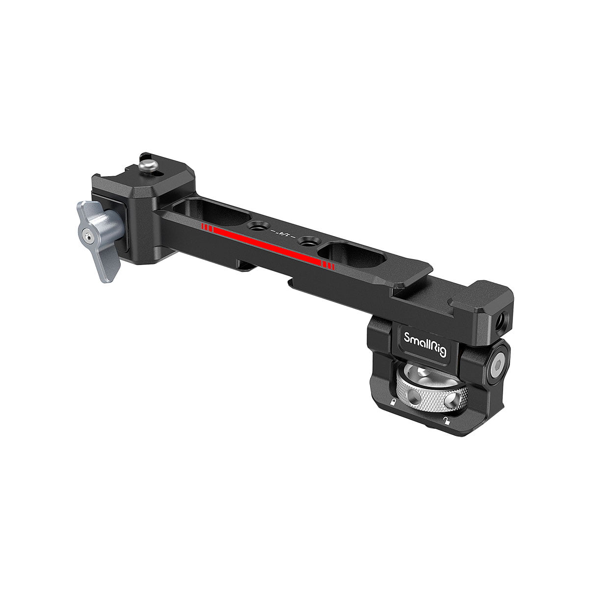 The SmallRig 3026 Monitor Mount with NATO Clamp for DJI RS 2/RSC 2/RS 3/RS 3 Pro is a black metal accessory arm with knobs and SmallRig logo, designed for mounting monitors or lights on a camera rig.