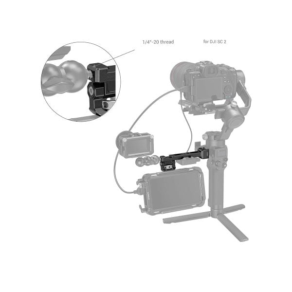 Diagram of a gimbal-mounted camera unit with monitor and accessories. Inside is a close-up of the 1/4-20 thread of the SmallRig 3026 Monitor Mount with NATO Clamp, designed for DJI RS 2 / RSC 2 / RS 3 / RS 3 Pro stabilizers.