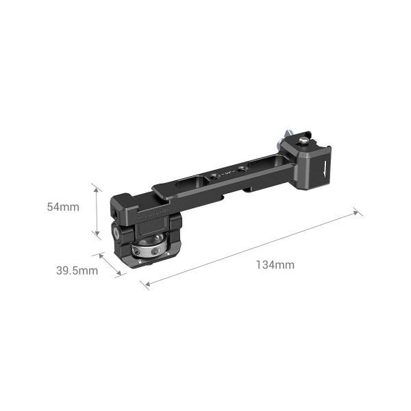 SmallRig 3026 Monitor mount with NATO bracket for DJI RS 2/RSC 2/RS 3/RS 3 Pro is a black metal mount with adjustable joints, shown at an angle and marked with dimensions: 54 mm height, 39.5 mm width and 134 mm length.
