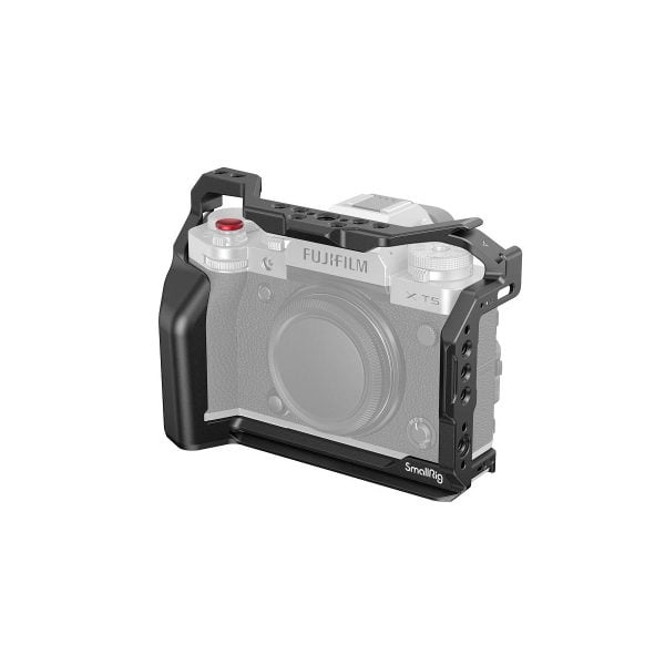The SmallRig 4135 Cage for Fujifilm X-T5 is attached to the Fujifilm X-T5 camera, providing extra grip and accessory mounting points, and the camera is photographed in a faded outline.
