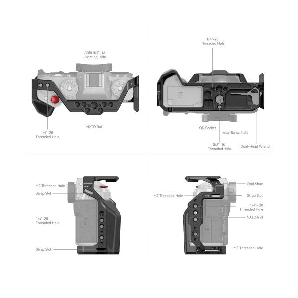 Technical diagram of the SmallRig 4135 Cage for Fujifilm X-T5, showing the different angles and marked features such as threaded holes, NATO rail, strap holes, cold shoe, QD socket and built-in twin wrench storage.