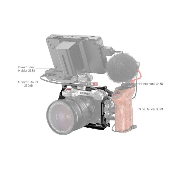 The SmallRig 4135 Cage for Fujifilm X-T5 is photographed with the marked accessories attached to the Fujifilm camera - power supply holder, monitor mount, microphone and wooden side handle; some parts appear in a light semi-transparent grey.
