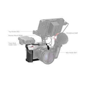 The SmallRig 4135 Cage for Fujifilm X-T5 comes with the accessories shown in the picture: top handle, monitor mount, microphone, power supply holder and side handle - all attached to the Fujifilm camera.