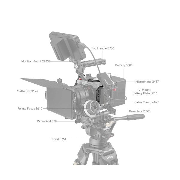 The SmallRig 4135 Cage for Fujifilm X-T5 is shown on a tripod with the following parts marked: monitor mount, top handle, battery, microphone, matte surface, tracking focus, battery plate, cable clamp, base plate and 15mm rod.