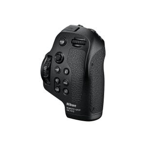 The black Nikon MC-N10 remote control handle with multiple buttons, an adjustment wheel and a textured grip for camera operation is visible against a white background.