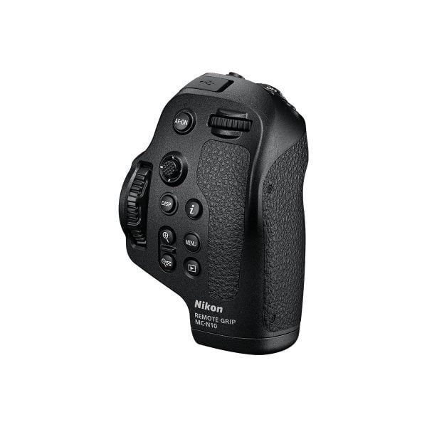 The black Nikon MC-N10 remote control handle with multiple buttons, an adjustment wheel and a textured grip for camera operation is visible against a white background.