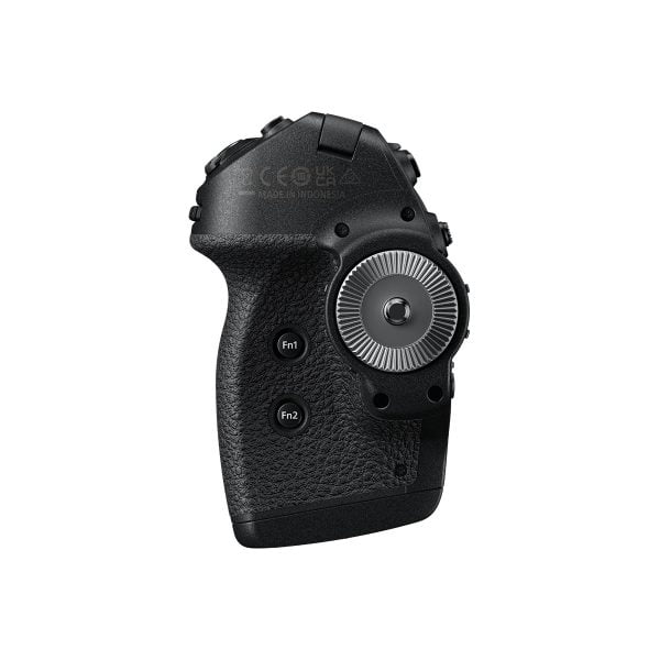 The Nikon MC-N10 Remote Control Handle is a black, textured camera control handle with two customizable Fn1 and Fn2 buttons, a large metal control dial and a visible upper label isolated on a white background.