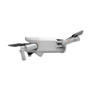 The DJI Mini 3 + Smart Controller is a white quadcopter with two black propellers on one side, a foldable landing gear and a front camera on a white background.