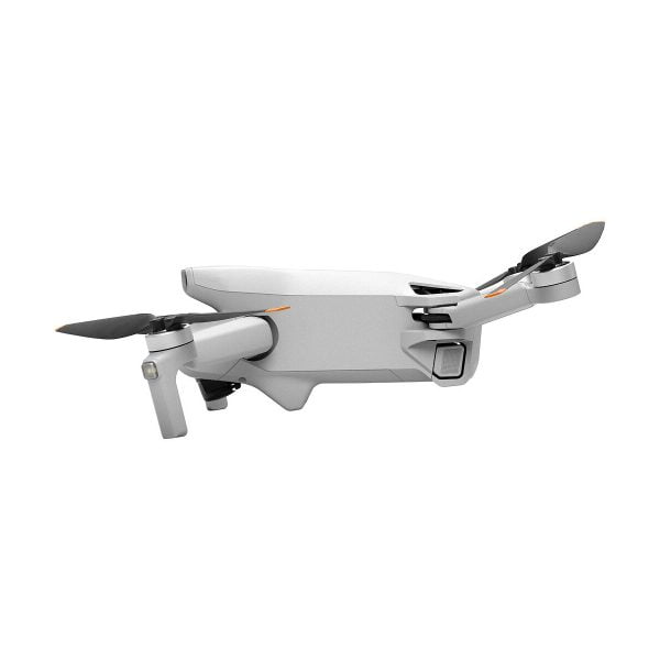 The DJI Mini 3 + Smart Controller is a white quadcopter with two black propellers on one side, a foldable landing gear and a front camera on a white background.