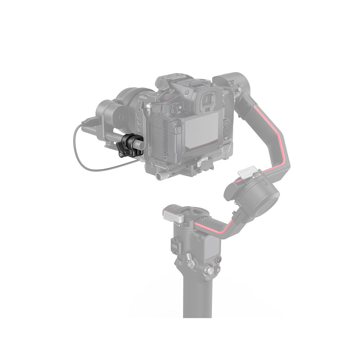 A camera mounted on a hand-held gimbal with the focus motor attached to the lens by a SmallRig 3598 12mm/15mm Single Rod Clamp, on a white background.