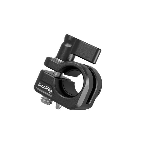 The SmallRig 3598 12mm/15mm Single Rod Clamp is a black metal clamp with a rotating locking lever for attaching accessories to camera mounts or rods, shown isolated on a white background.